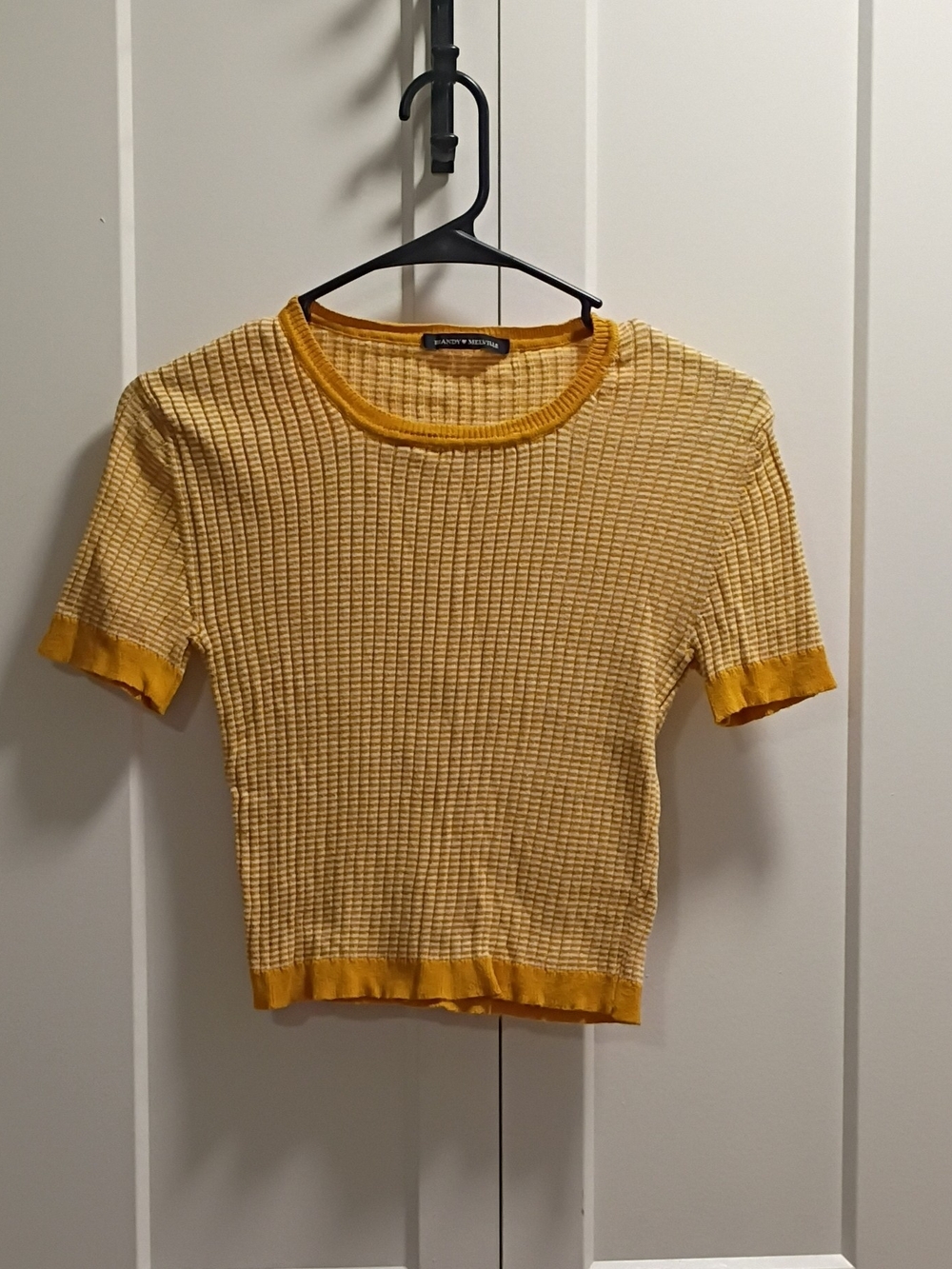 Elvi Waffle-Knit Short Sleeve Top in Mustard and Gold Trim